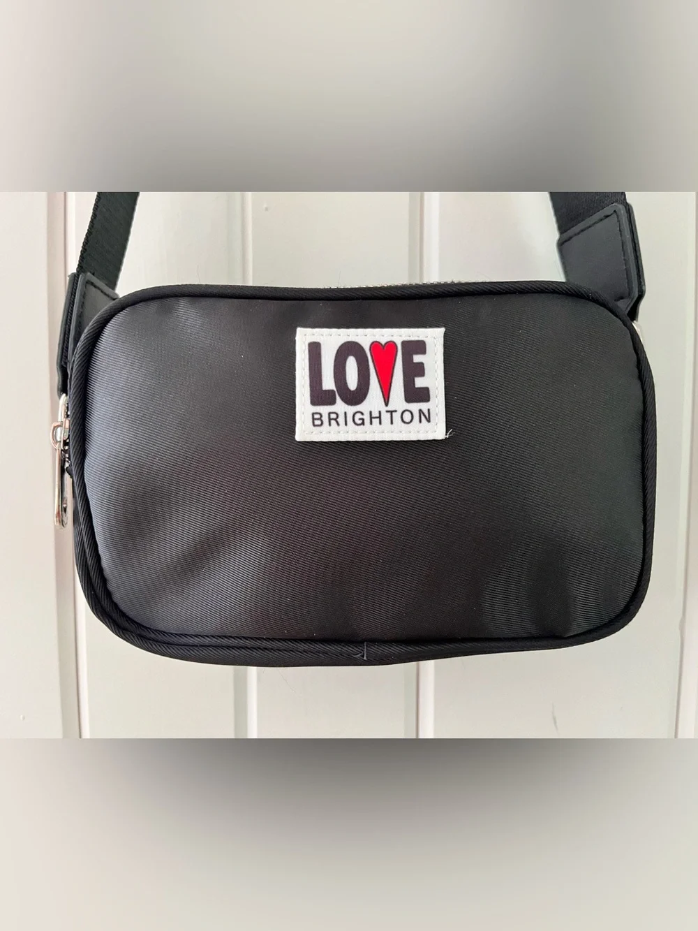 Brighton Love Essentials Black Crossbody with White Strap and Red Hearts